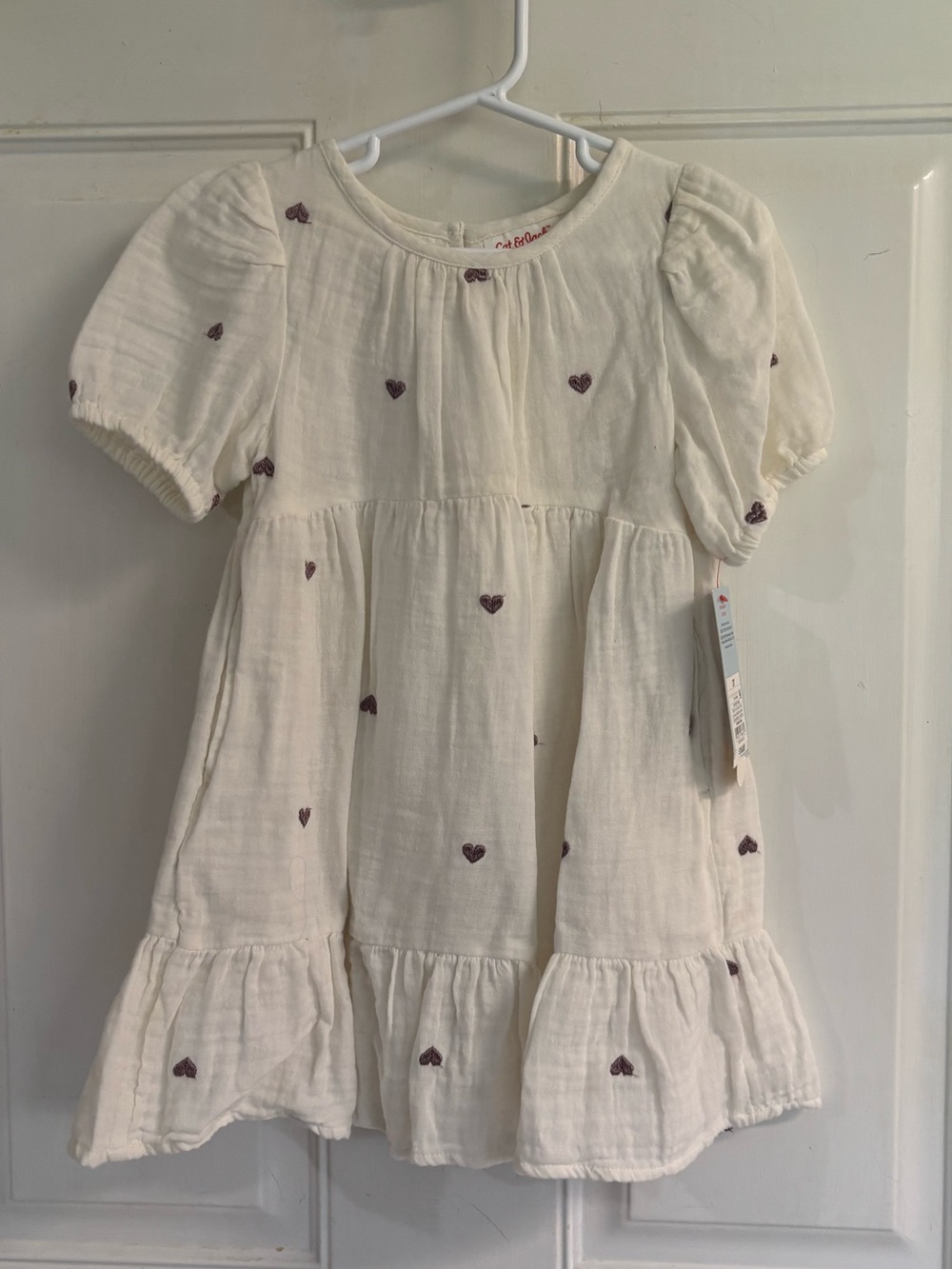 NWT 3T Cat & Jack cream embroidered purple hearts short sleeve dress.  Retail 18